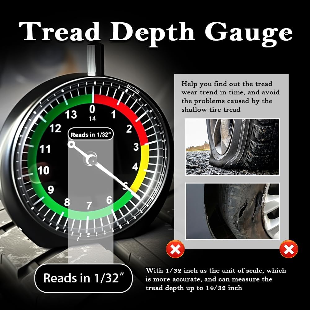 Dial Type Car Tire Tread Depth Gauge 32nds with Valve Stem Caps,Compact Car Tire Depth Gauge Tool with Color Zoning for Easy Tread Depths Determination,Essential Tires Treads Gauges