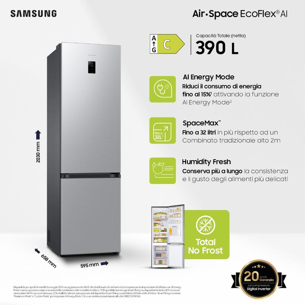 Samsung EcoFlex AI RB38C672CSA/EF Frigorifero Combinato, WiFi, SpaceMax, Total No Frost, All Around Cooling, Motore Digital Inverter Garantito 20 Anni, 390 L, LxAxP: 59,5 x 203 x 65,8 cm, Silver Inox