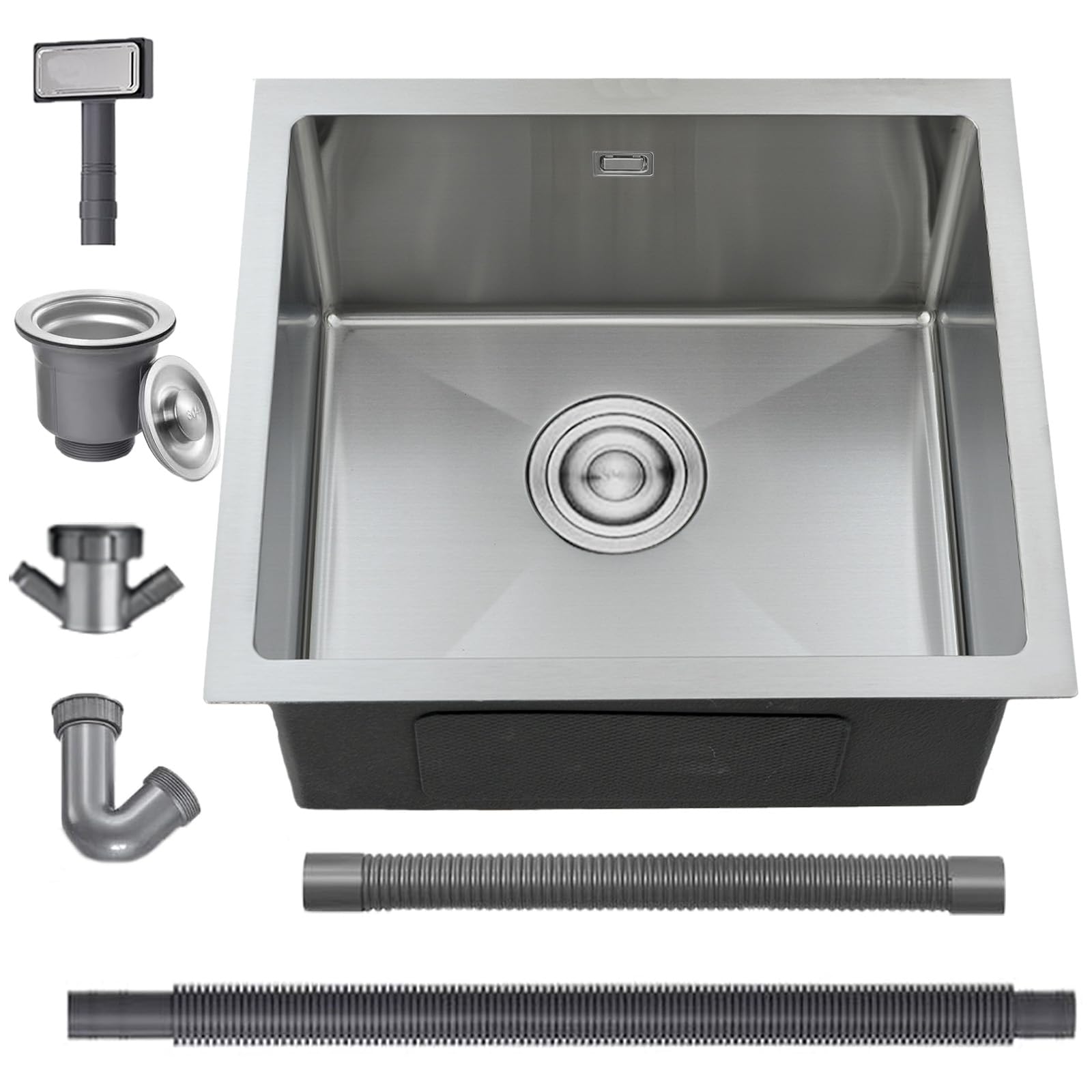 Brushed Kitchen Sink, 45X45CM Small Sink Stainless Steel Single Bowl, BoomHoze Outdoor Campervan with Overflow, Drainer Fittings, Undermount, Top Mount, Drop in Flushmount Installation, Brushed