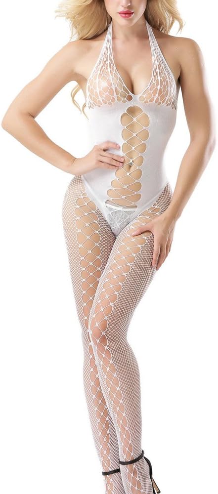 QueensHot Fishnet Halter Corset Front Cross Back Ribbed Cut-Out Cami Bodystocking Babydoll Lingerie, White, Large
