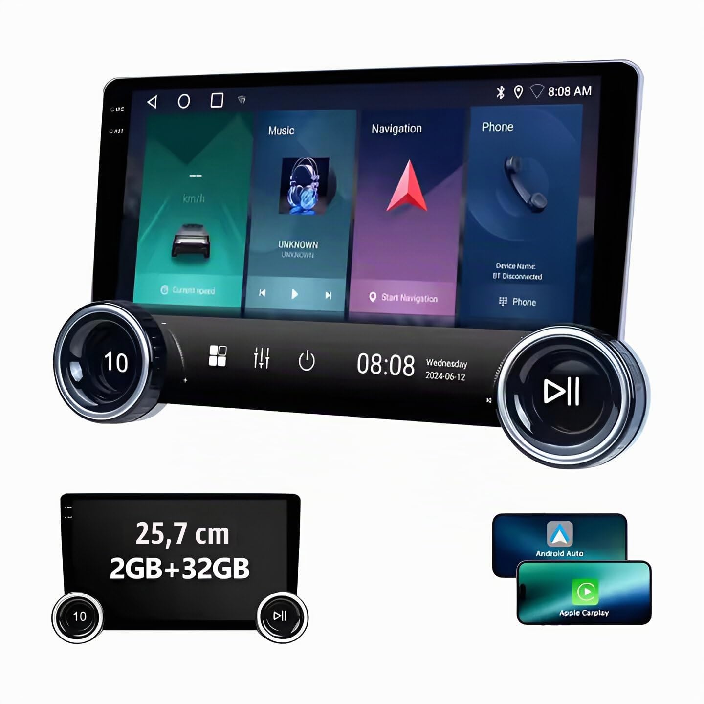 AudioTune Autoradio 10.1" Android 13-2 DIN Touchscreen QLED HD 1280x800, CarPlay Android Auto Wireless, WiFi 6, Bluetooth 5.4, GPS, FM/AM (RA-302)