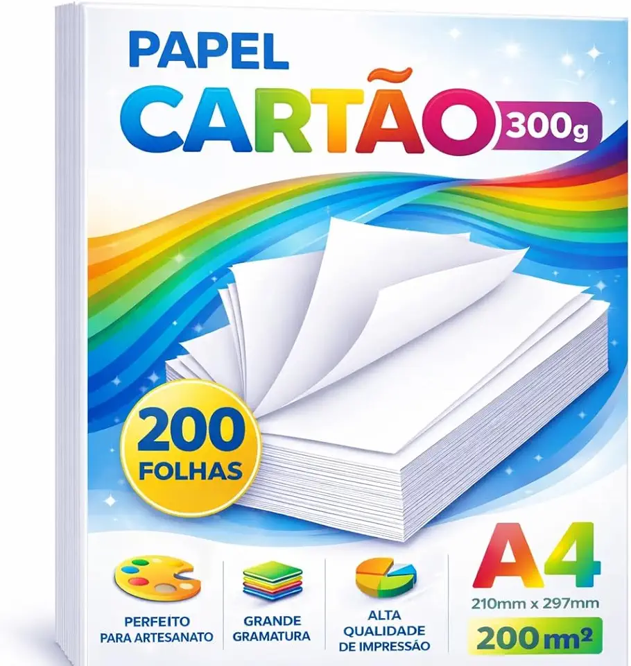 Papel Cartão A4 300g Branco 200 Folhas – Papel Grosso e Rígido para Convites, Artesanato, Caixas e Impressões Profissionais (200)