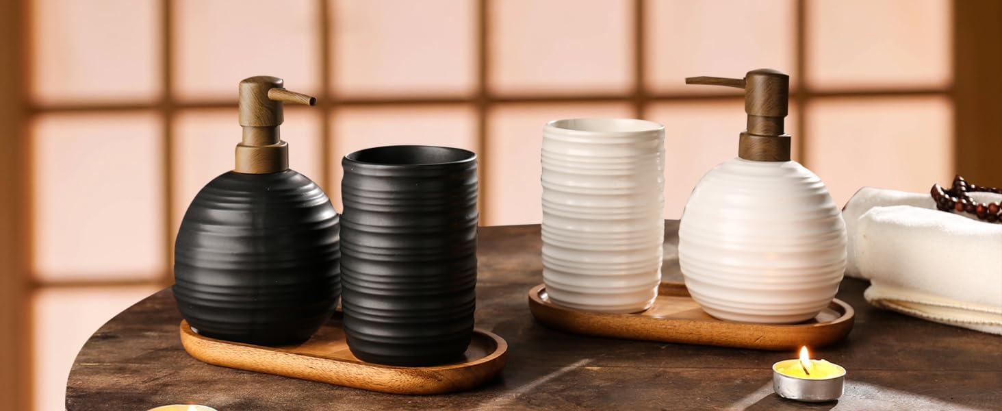 Bathroom Counter Set-Elegant Acacia Wood Tray - Black Toothbrush Holder Set with Soap Dispenser - Toothbrush Holder and Soap Set，3pcs Ceramics Bathroom Accessory Set（White）