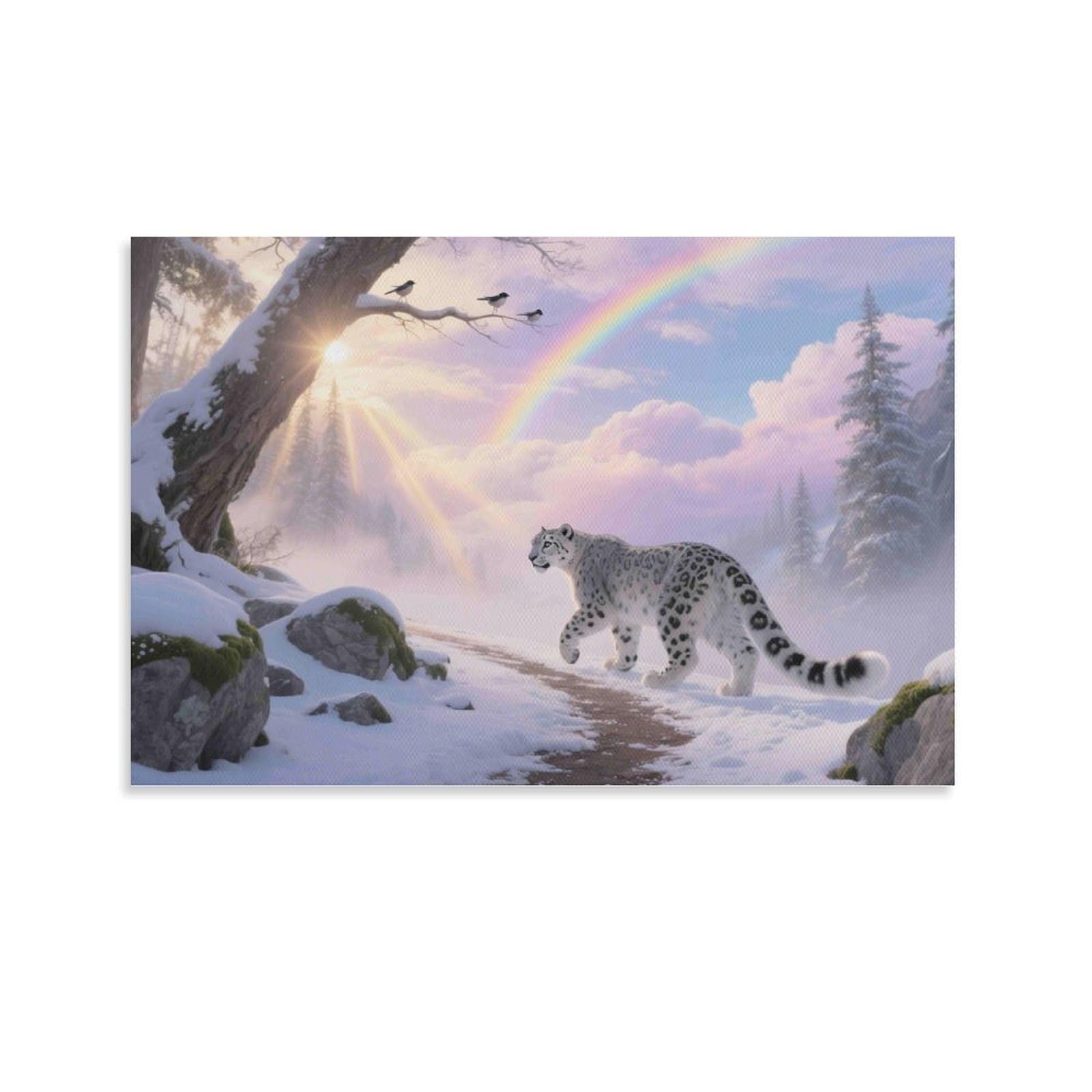CPLVKWRQJ Snow Leopard Walk Individual Snow Leopard Walking Snowy Rainbow Forest Wall Art Decor - Office Wall Focal Art Multi-Purpose Fade Resistant Decor 20x30inch(50x75cm)