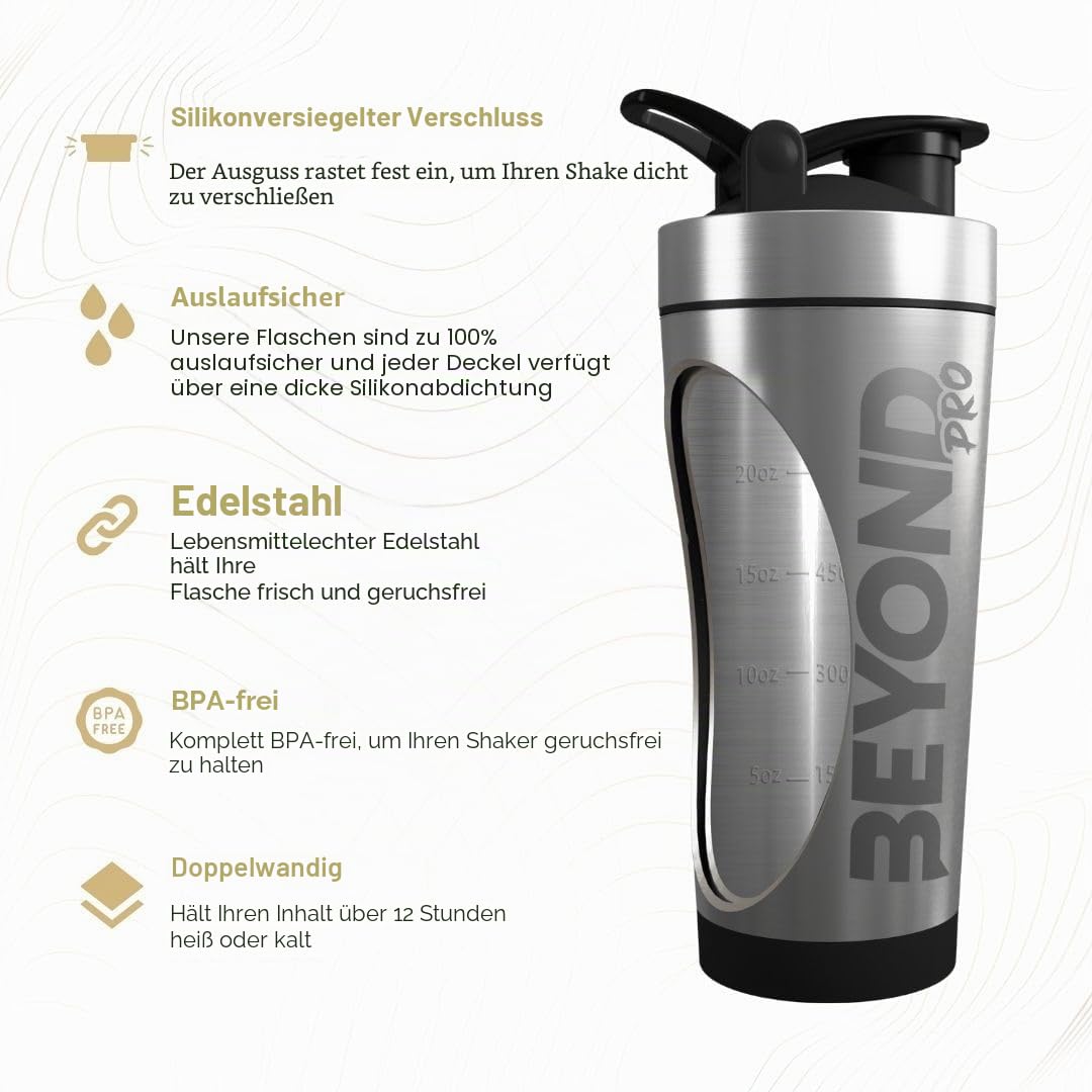 Pro Isolierter Protein-Shaker aus Metall, Edelstahl-Nahrungsergänzungsflasche, BPA-frei, für Fitnessstudio, 735 ml, gebürsteter Stahl