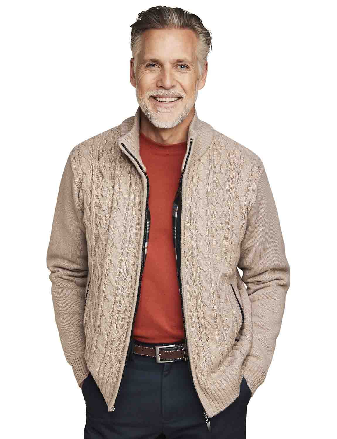 Pegasus Men's Fawn Fleece Lined Chunky Cable Knit Full Zip Up Cardigan 42