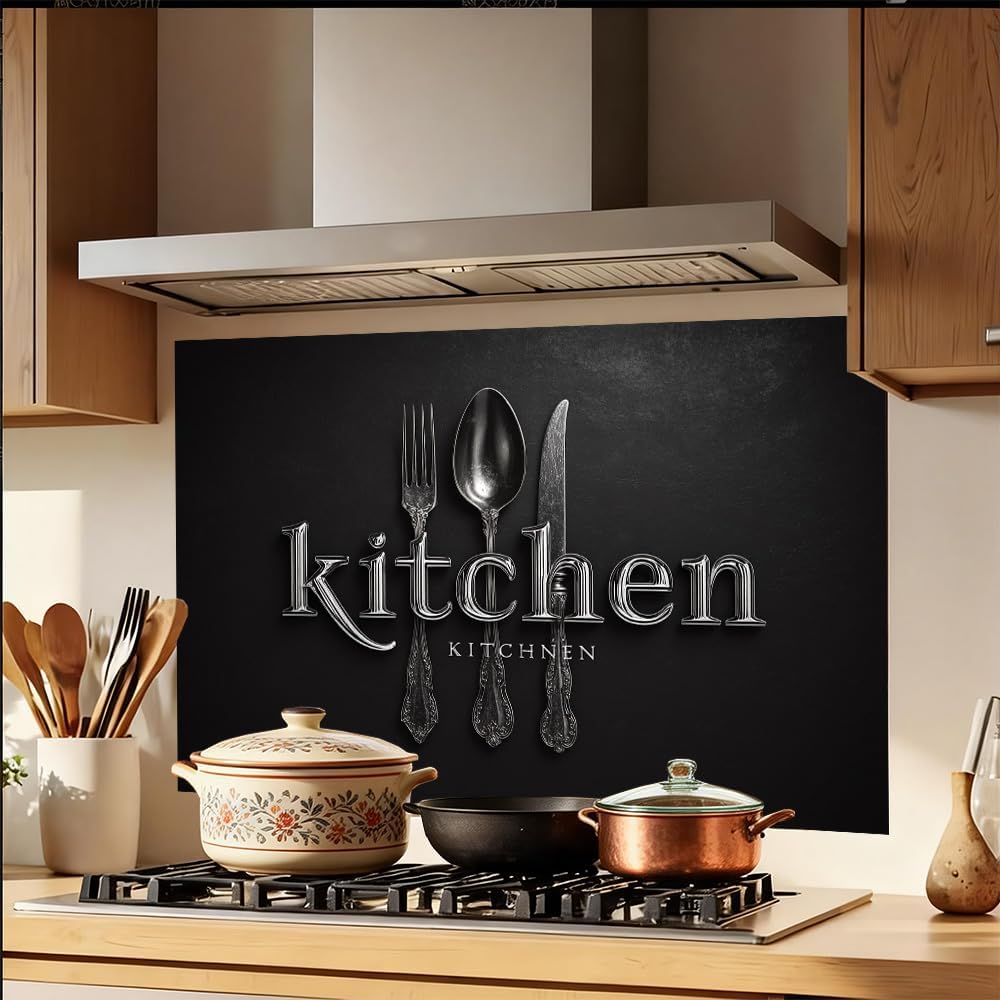 Kitchen Backsplash Wallpaper Peel and Stick Backsplash Oil Proof Sticker Black Kitchen Utensil Stove Backsplash Wall Decor 35.4 x 23.6 Inch