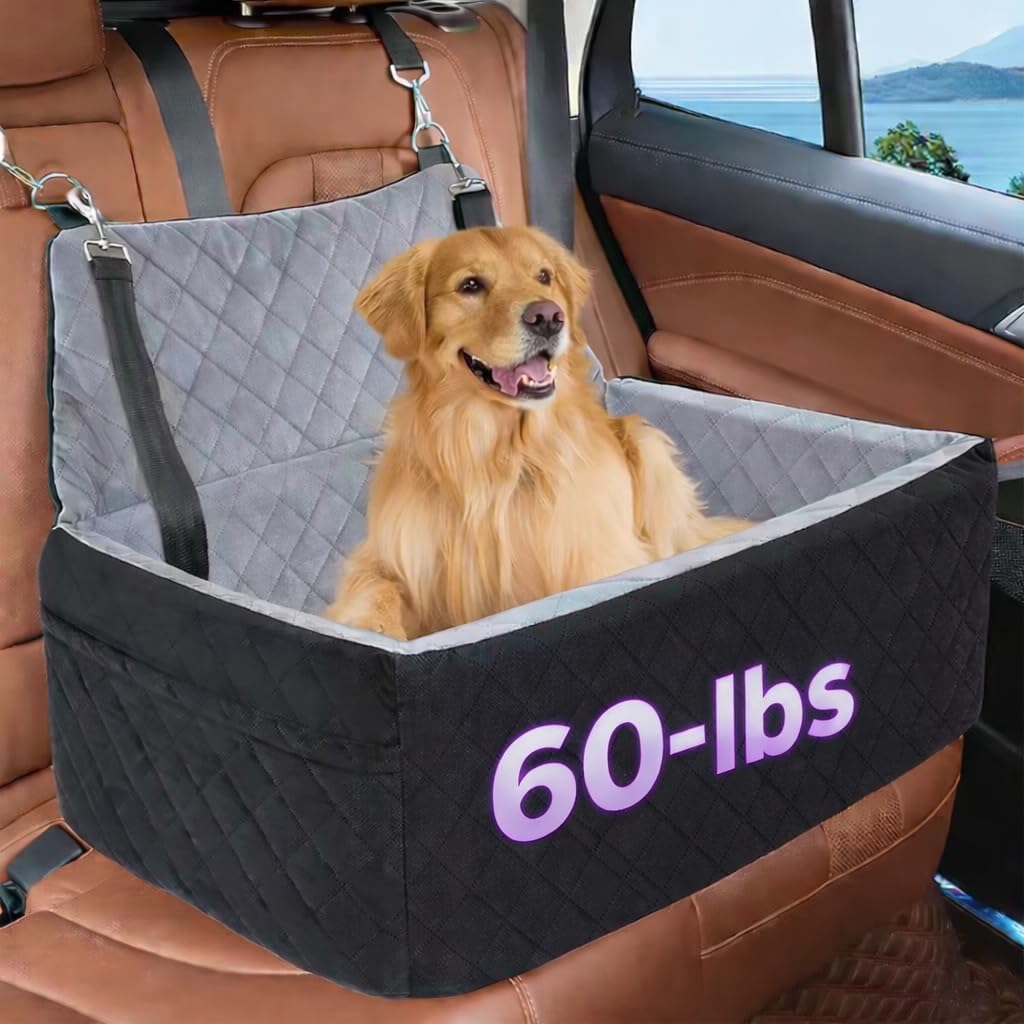 PAWFECT Dog Car Seat Booster for Medium & Large Dogs up to 60 lbs, Fits 2 Small Dogs, Elevated Pet Car Seat, Washable Cover, Safety Strap, Non-Slip Travel Bed, Black (Black Gray)