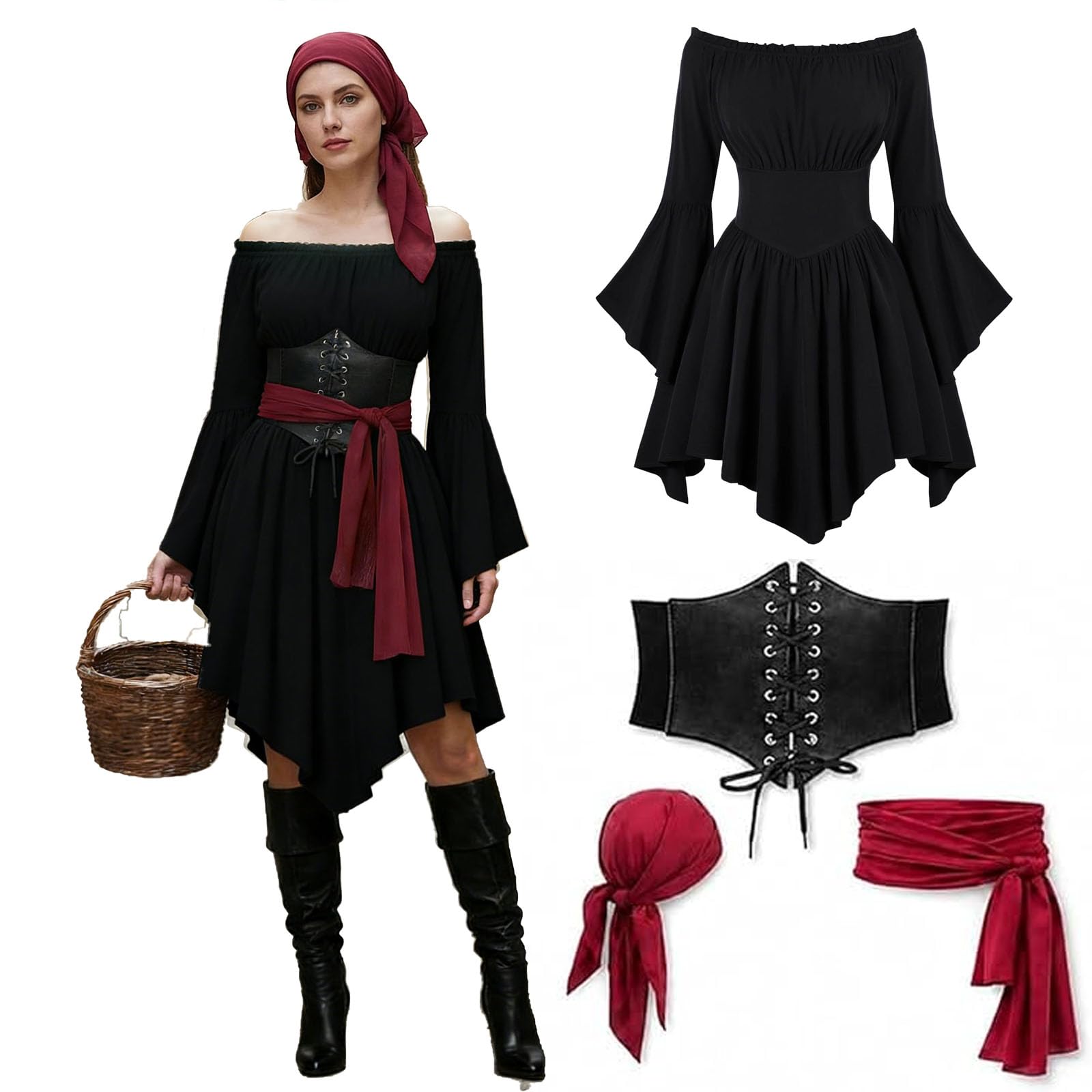 Pirate Costume Women Fancy Dress For Adults Halloween Costumes For Women Plus Size Womens Pirate Costume Adult Ladies Cosplay Accessories Includes 3pcs with 1 Corset Belt,1 Pirate Headscarf, 1 Sash