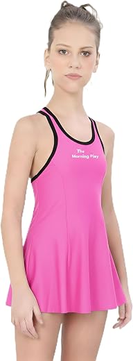 THE MORNING PLAY Kids Girls Swim Dress Racerback Style Premium Swimwear, Skirted Boyleg Style Swimsuit Solid Girls Swim-Dress