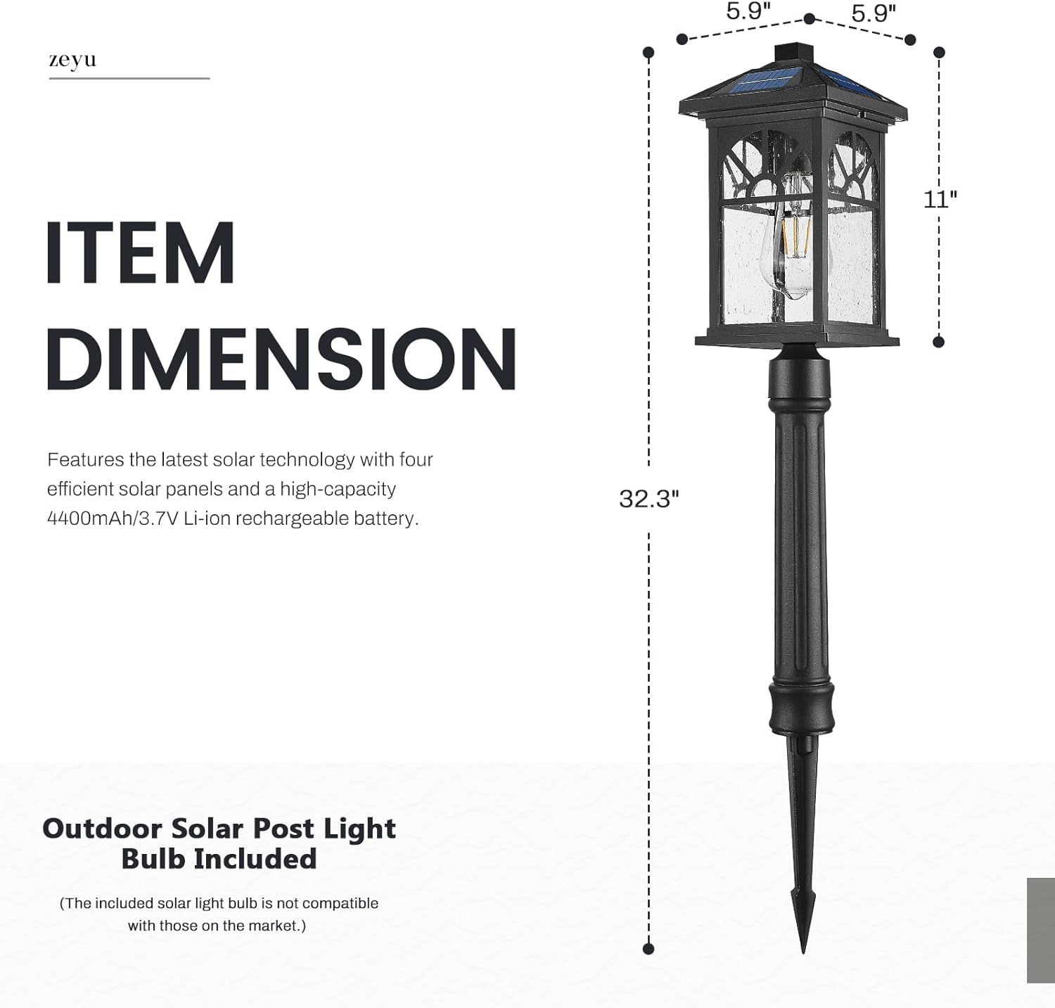 zeyu 32.3 Inch Solar Powered Pathway Light, Outdoor Solar Post Light with Remote, Die-Cast Aluminum with Seeded Glass Shade, Black Finish, ZYX112GL SL BK