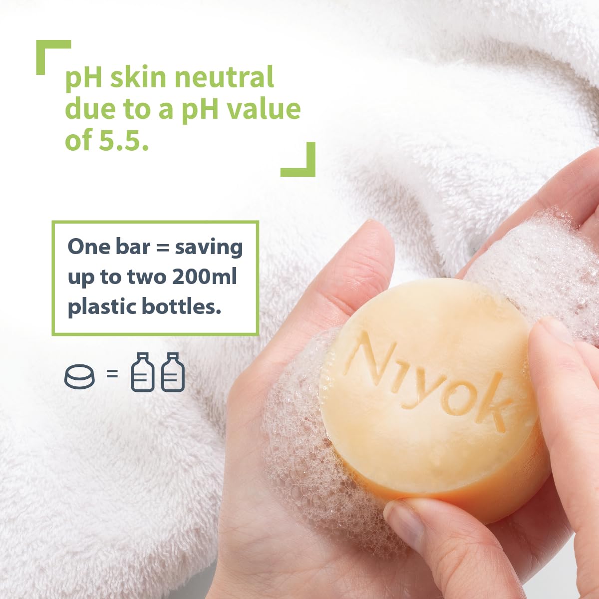 Niyok Natural Cosmetics 2-in-1 Solid Shampoo + Conditioner Bar, Green Touch Scent, 80g, 3-Pack