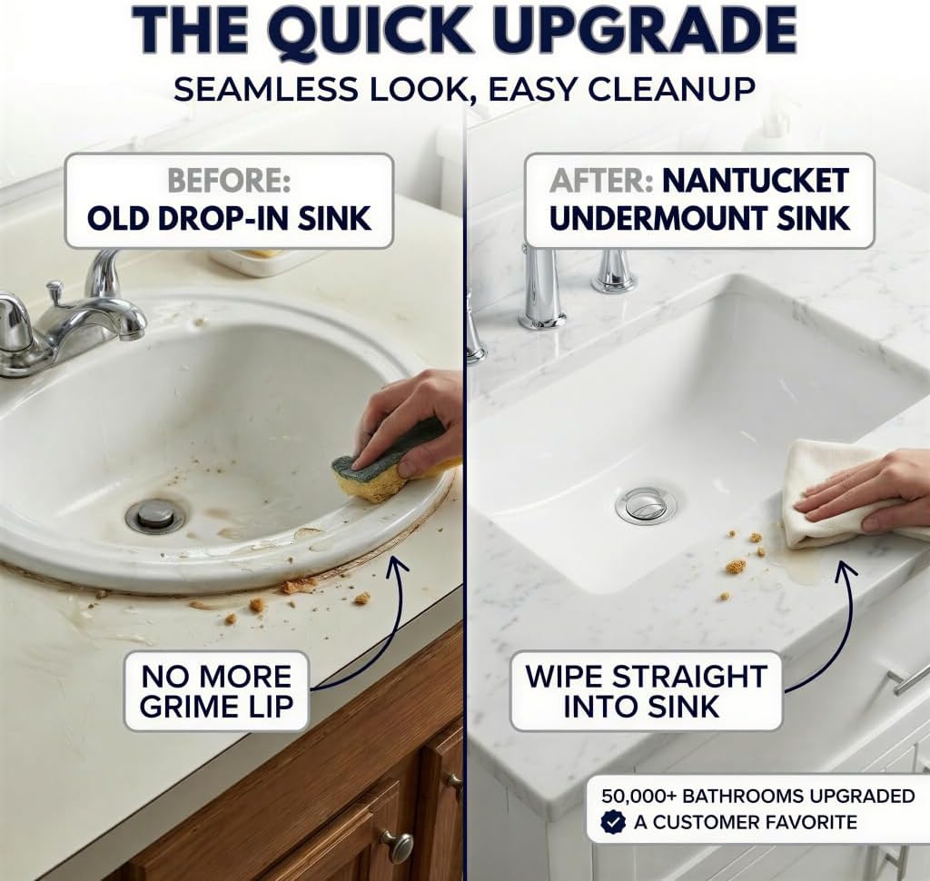 Nantucket Sinks UM-18x12-W White Undermount Bathroom Sink – 18"x12" Interior Rectangular Bowl, Bath Sink for Vanity, High Gloss White Vitreous China, Scratch & Stain Resistant – Great Point