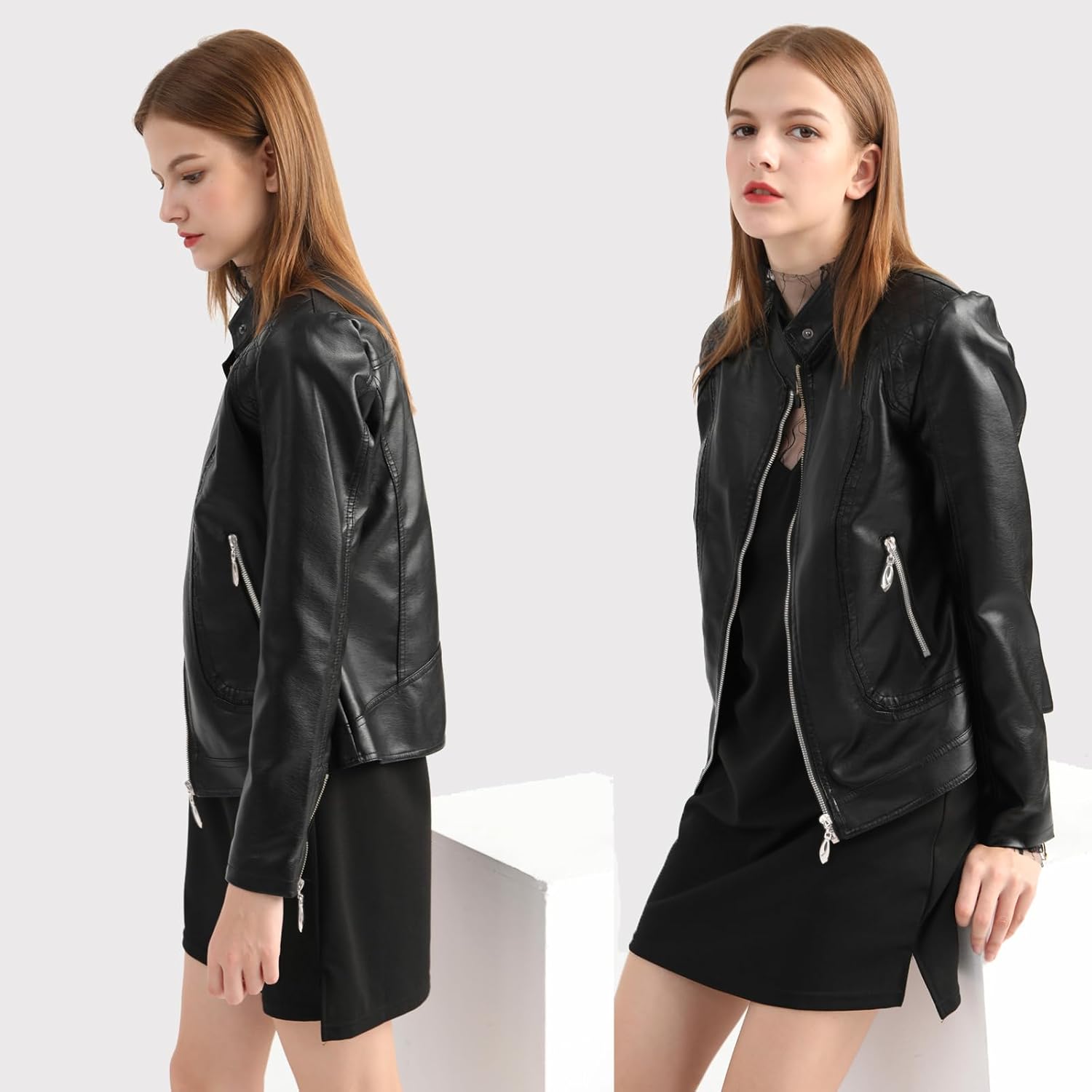 Women's Trendy Faux Leather Jacket Moto Short Jacket Fashion PU Jacket Coat - Image 4