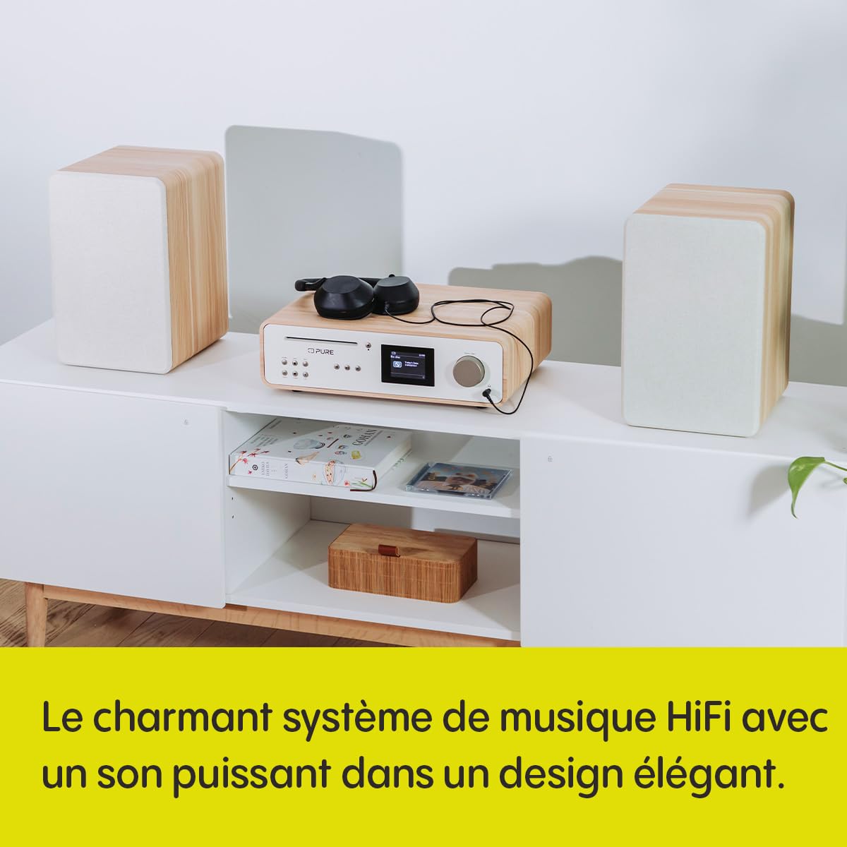 Pure Système de musique stéréo HiFi classique (son 100 W, radio Internet, DAB+/FM, Bluetooth, lecteur CD, USB et Spotify Connect), blanc coton/chêne (blanc coton)