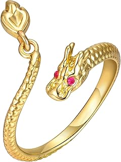 xuanhang Golden Dragon Cocktail Open Rings for Women,Unique 18k Gold Plated Dragon Head with CZ Red Rhinestones Eyes Trend...
