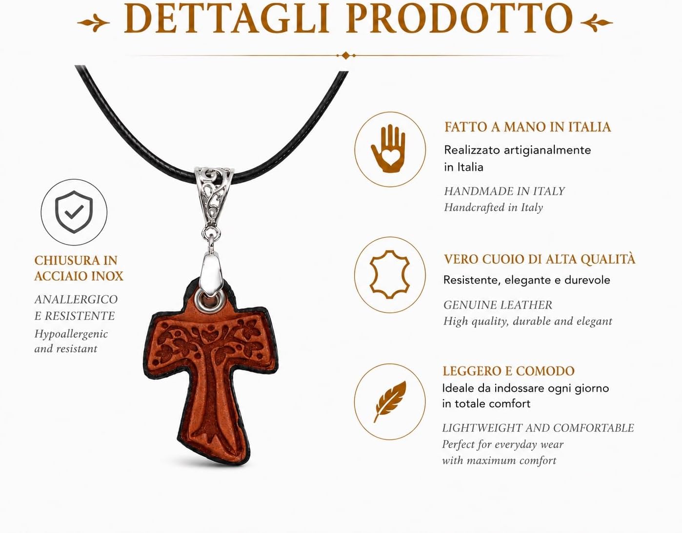 I G J FRANCISCAN TAU CROSS (TAO) - PENDANT WITH ROPE LACE - HANDMADE IN GENUINE LEATHER - 100% MADE IN ITALY