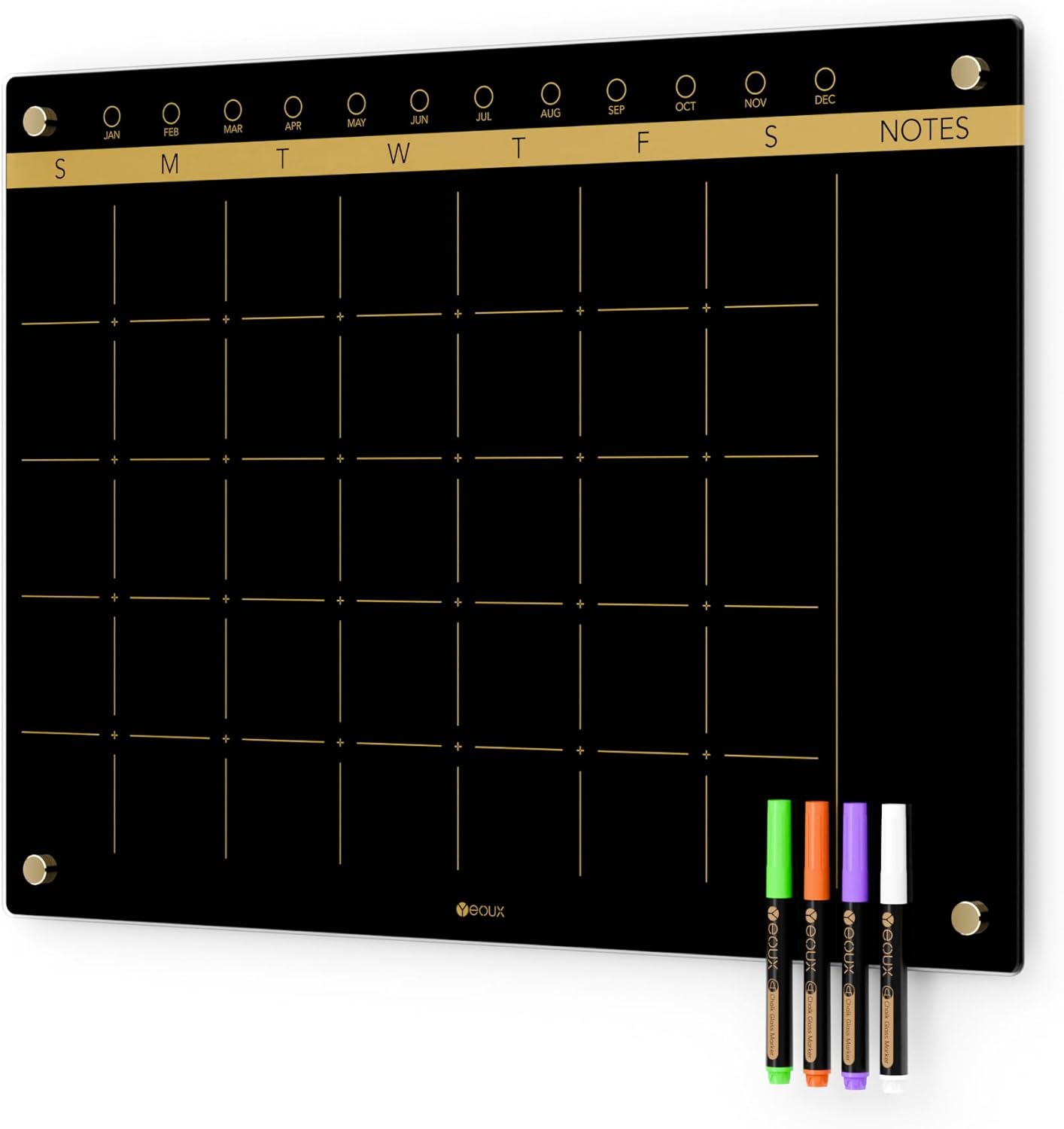 ( incomplete missing marker ) Black Glass Golden Monthly Dry Erase Calendar Whiteboard for Wall, 17\" x 23\", Frameless Large Planner White Board for Home Kitchen Office, 4 Wet Erase Markers Included, Yeoux