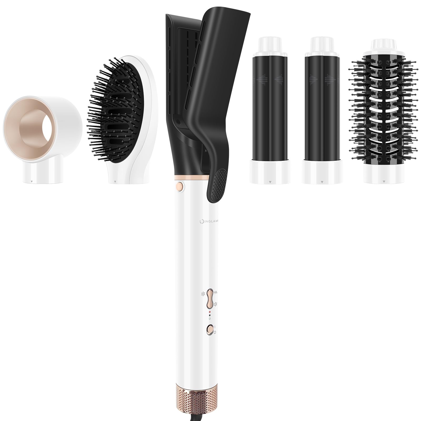 6-in-1 Hair Dryer Brush, 110,000 RPM High Speed Hair Dryer with Air Straightener, 28mm AUTO Curlers, IG INGLAM MegaAIR 2.0 Multi-Styler Set Volumizing and Shape, White