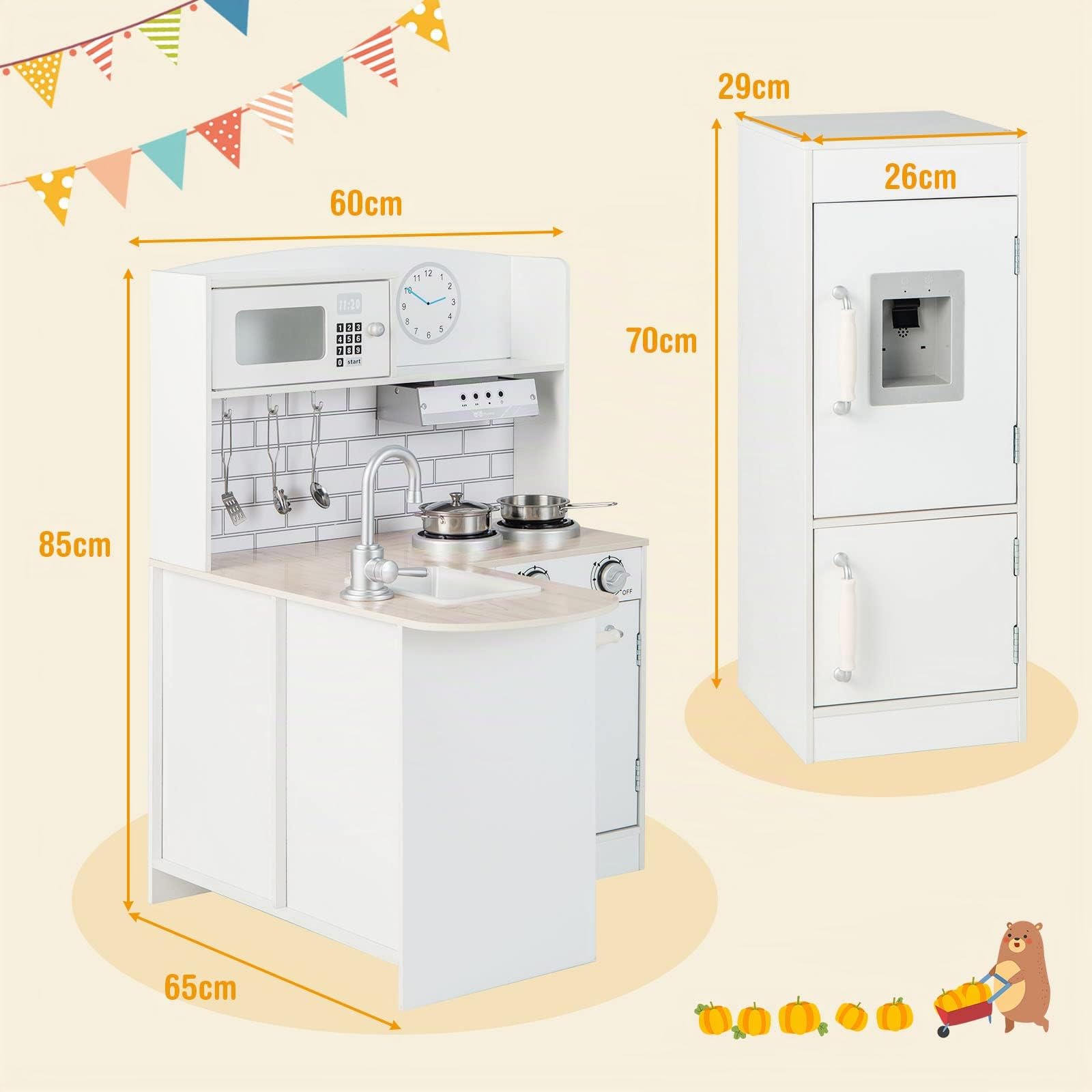 COSTWAY Cucina Giocattolo per Bambini, Cucina per Bambini in Legno con Lavello, Fornelli, Cappa, Frigorifero e Distributore d'Acqua, 3 Anni+