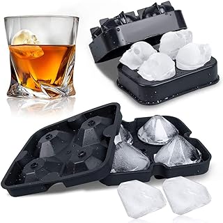 3D Skull Diamond Flexible Silicone Ice Cube Molds Tray- Set of 2 - Silicone Ice Ball Maker with Lid &Diamond Skul Ice Mold for Whiskey, Cocktail & Brandy Ice Cube Molds （Black）