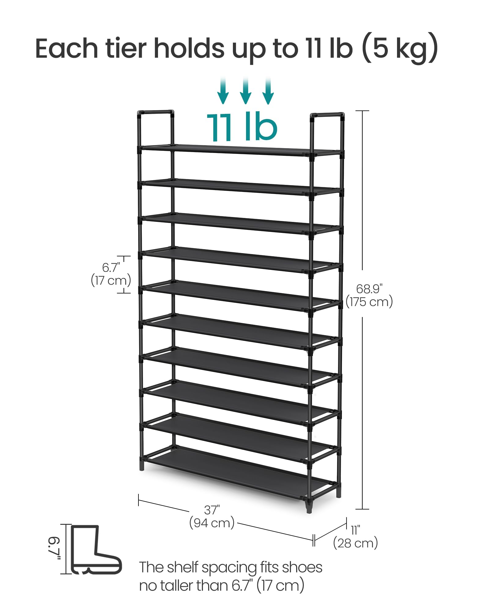 SONGMICS Zapatero, estante para zapatos de 10 niveles, organizador de | Marco de metal, estantes de tela no tejida, 11 x 37 x 68.9 pulgadas, para entrada, dormitorio, tinta negra ULSH11H