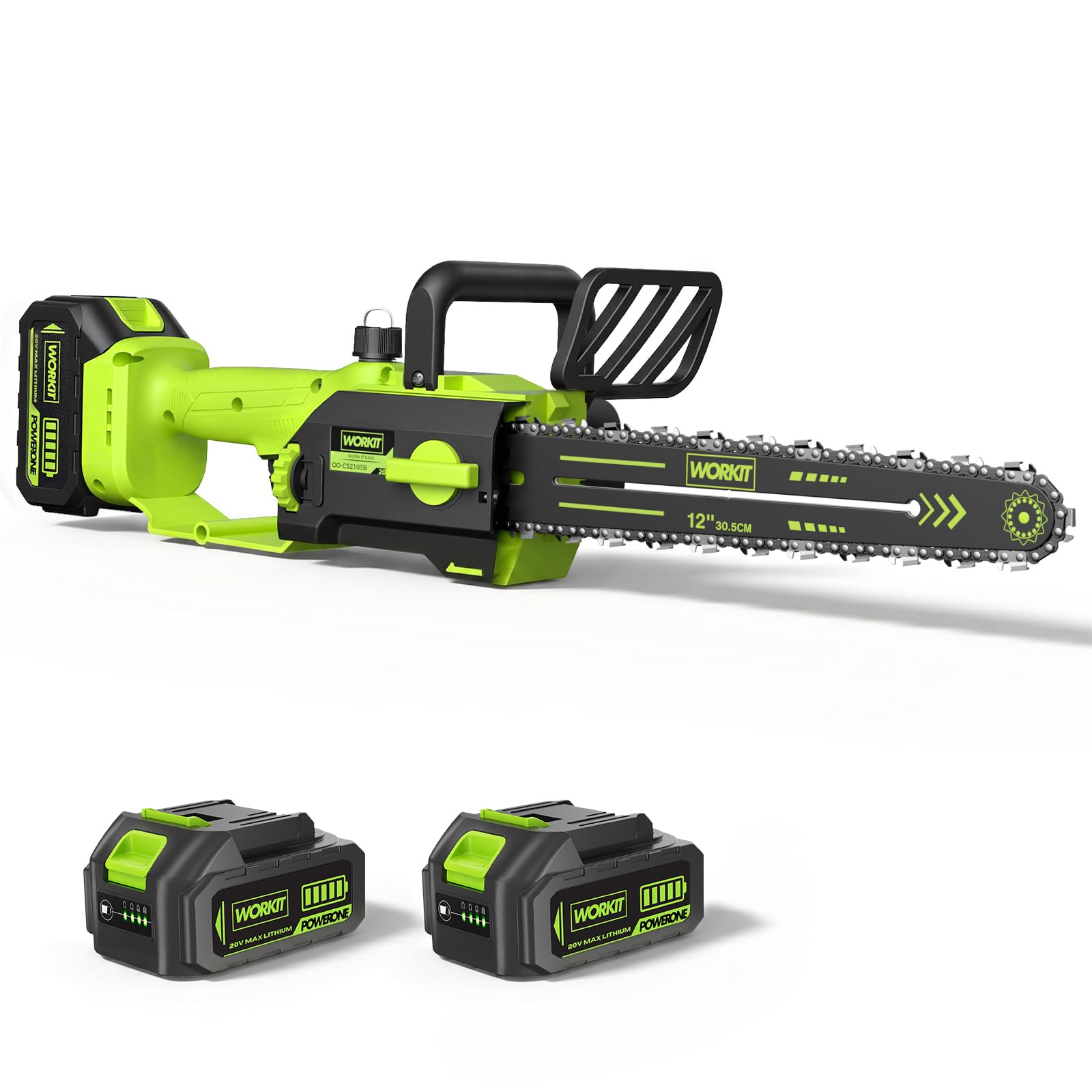WORKIT 12-inch Cordless & Brushless Chainsaw, 2X 4000mAh Batteries, Auto Chain Tensioning & Oiling, Tool-Free Setup with Safety Lock, Handheld Electrical Chainsaw for Hard Work Cutting & Trimming