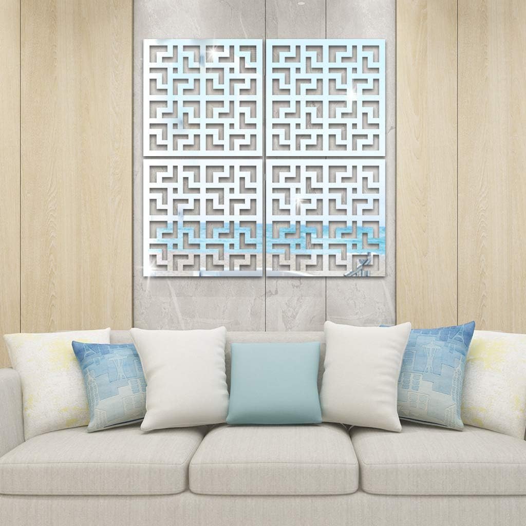 Chinese Style Hollow-out Window Pattern Self-adhesive Acrylic Mirror Wall Sticker, 8Pcs DIY Art Decals Murals Plastic Wall Tiles Sticker, Home Wall Decoration for Living Room Bedroom Office (silver)