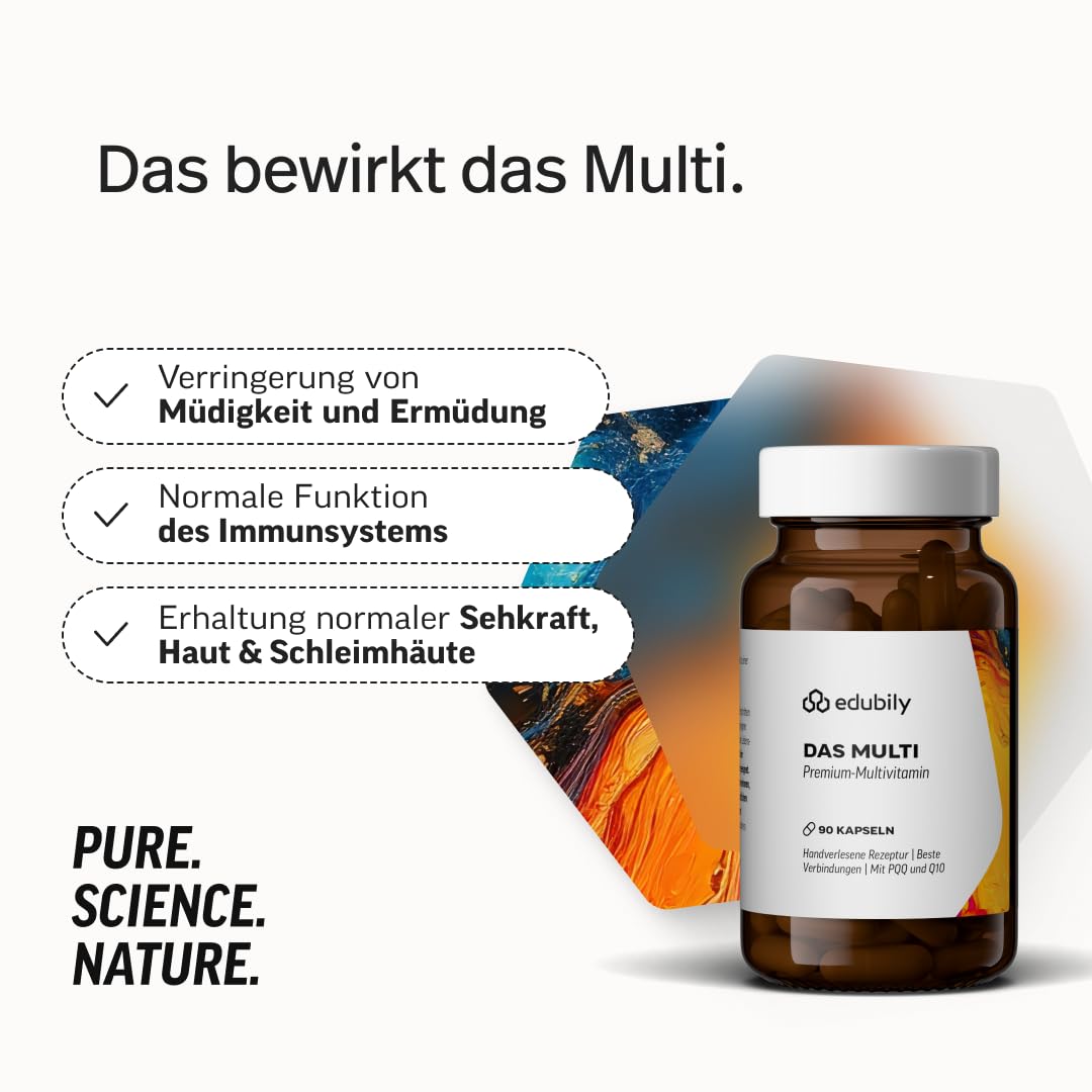 edubily® Das Multi - Multivitamin Kapseln als umfassende Mikronährstoff-Basis - mit 20 Mikronährstoffen, PQQ & Q10 - ohne unnötige Zusätze - 1 Kapsel täglich (90 Kapseln mit Iod)