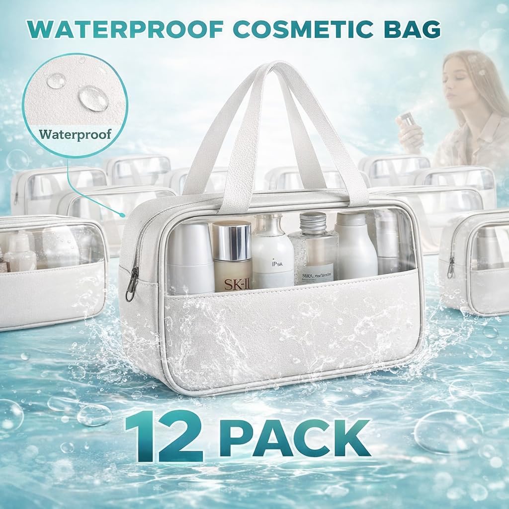12 Pack Clear Makeup Bags with Zipper Bulk, Waterproof PVC Cosmetic Pouches for Toiletries, Travel & Business Trips, Reusable Organizer Bags for Wedding Favors, Men & Women