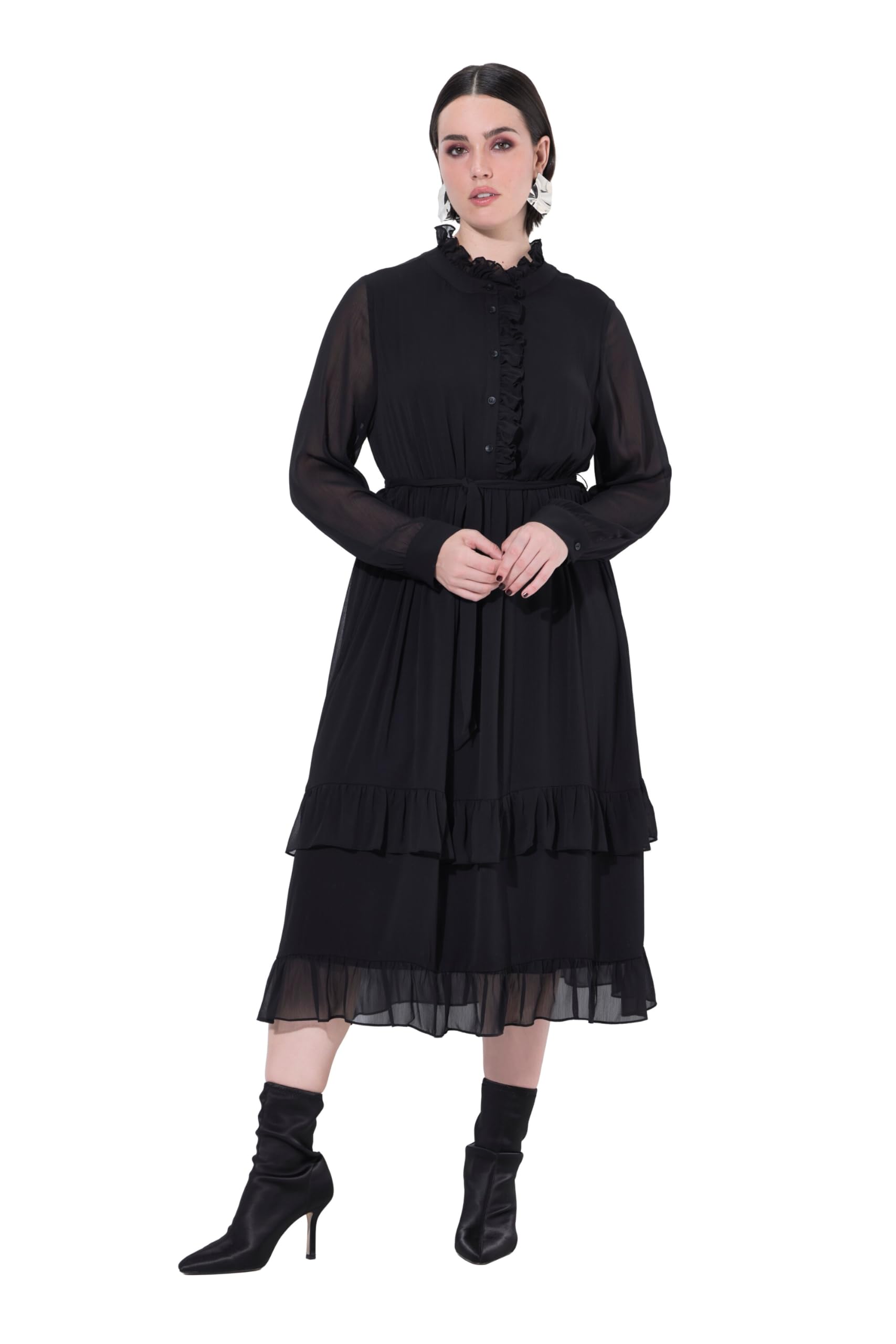 Ulla Popken Damen große Größen Übergrößen Plus Size Midikleid, Rüschen, A-Linie, Stehkragen, Langarm 843574