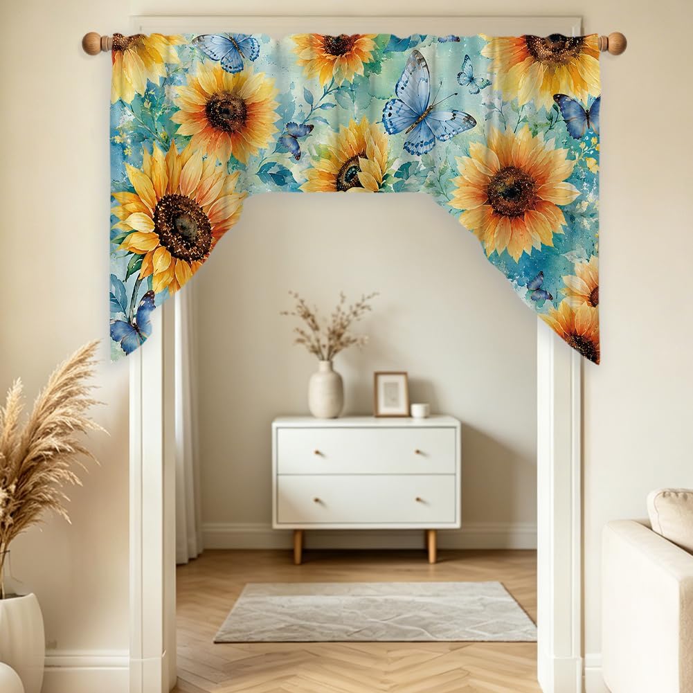 arricraft 1 Panels Trapezoidal Polyester Window Curtains, 56"x36" Sunflower Butterfly Window Curtain Rod Pocket Kitchen Valance Short Door Curtain for Kitchen Offices Bedroom Decoration