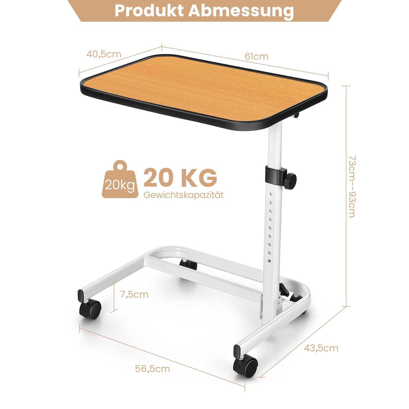 FANTASK höhenverstellbarer Pflegetisch, 60,5 x 40 x 73-93 cm des Pflegetisches, Krankentisch mit in Mehreren Winkeln neigbarer Platte, Natur