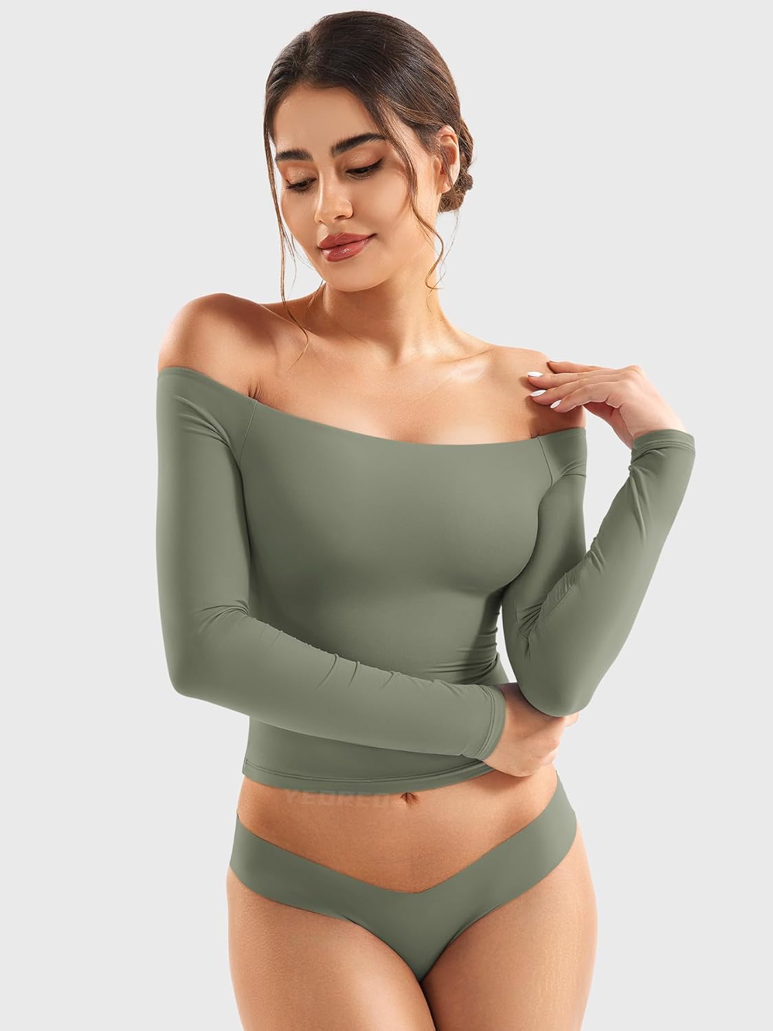 YEOREO Sophie Women Off Shoulder Long Sleeve Shirts Double Lined Basic Undershirt Y2K Going Out Tops - Image 4