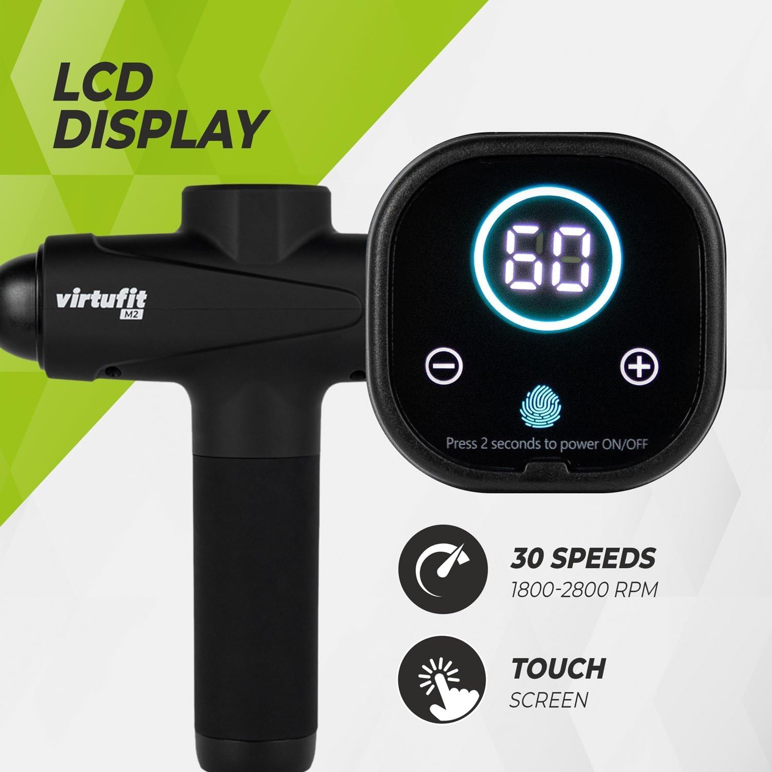 Massage gun with LCD display showing controls