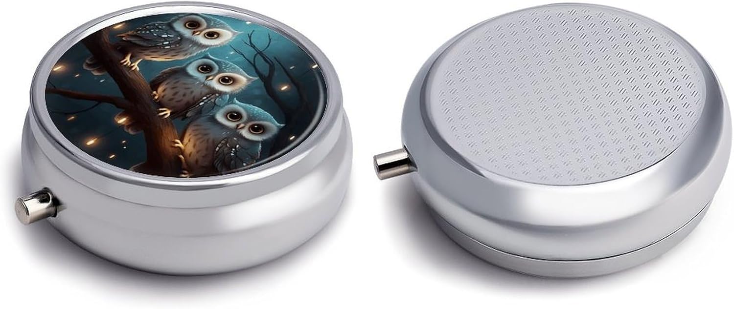Round Daily Owl Tree Pill Case with 3 Compartment & Mirror image 3