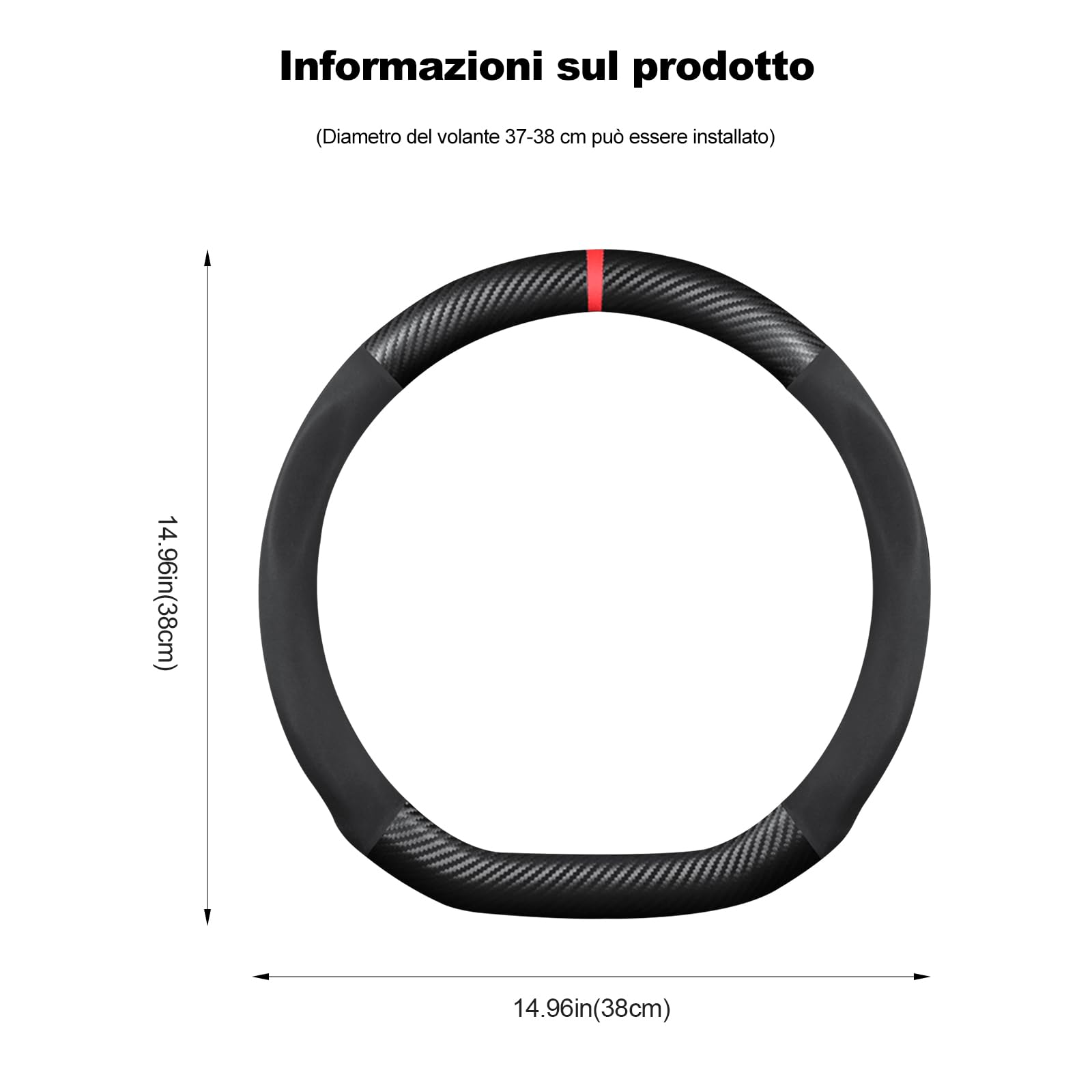 Ergocar Forma di D Fibra di Carbonio e Pelle PU in Microfibra Coprivolante Antiscivolo Coprivolante per Auto Universale Sport Traspirante Per diametro 38 cm（15"）-Nero Rosso