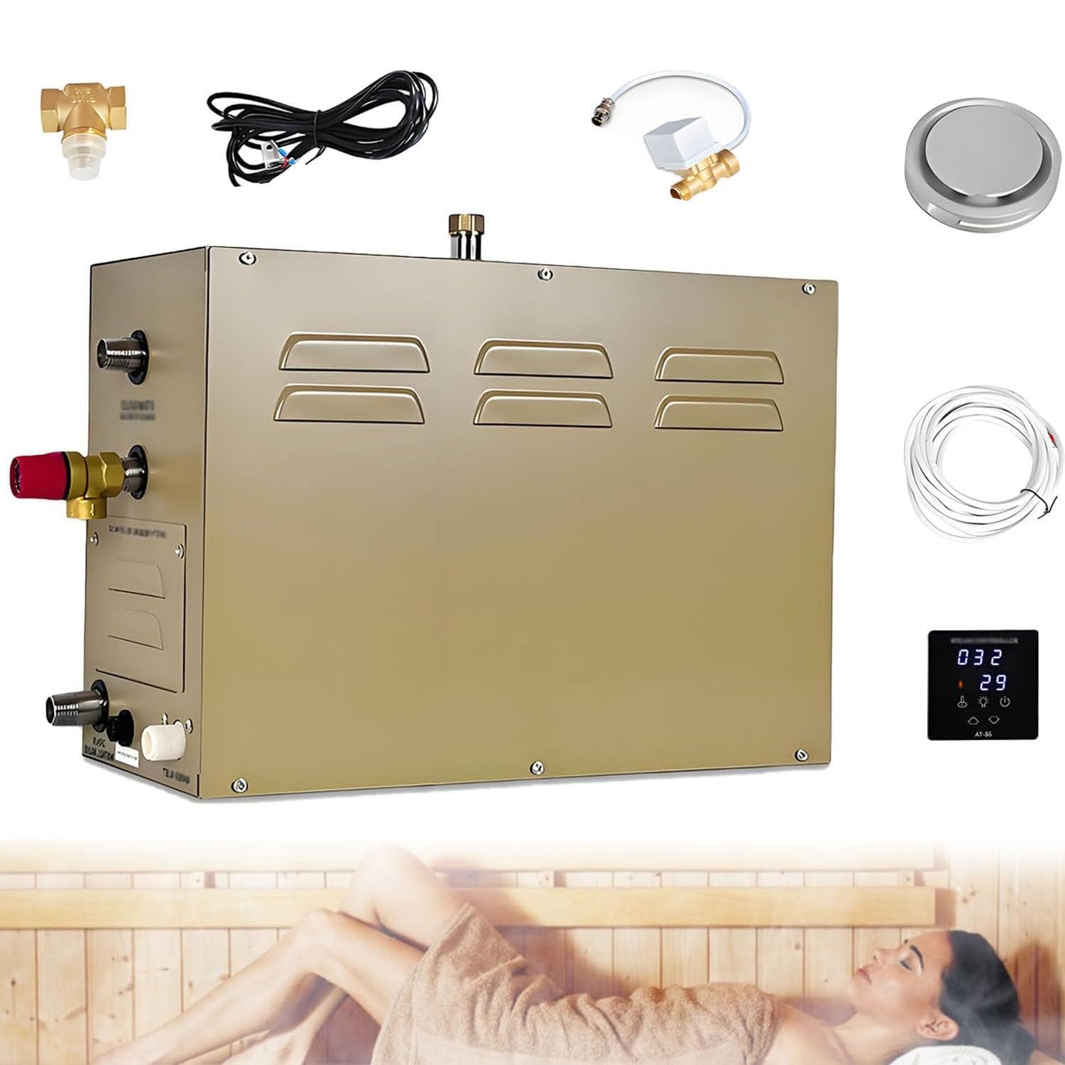 GLBMXDD Temperature-Controlled Sauna Steam Generator Kit, Aromatherapy Steam Head, Self-draining System, LED Touchscreen Controller, 12-Hour Timer 77-131℉, Applicable space 2m³ -10m³ 9KW