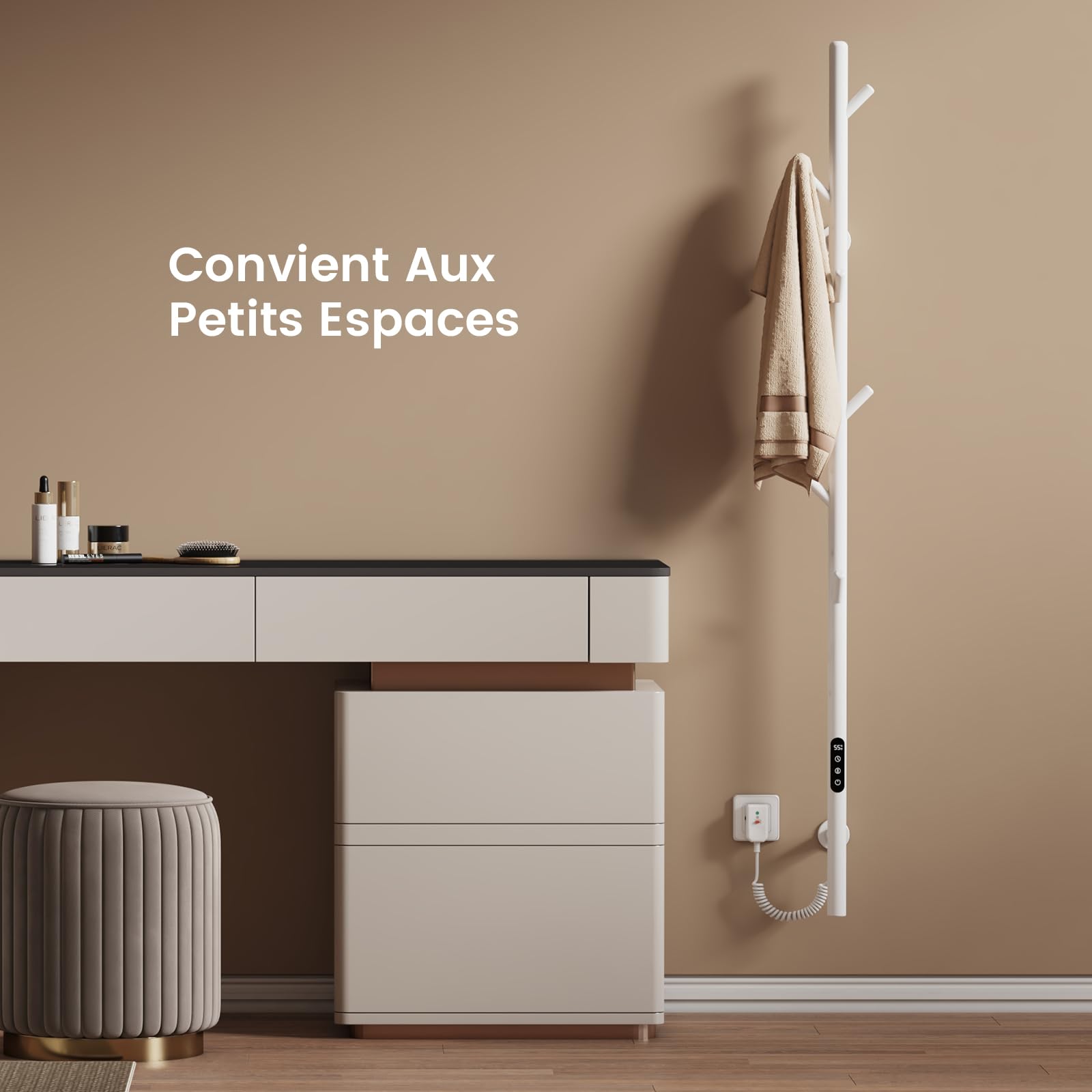 EMKE Sèche-Serviettes Électrique, Blanc,Thermostat Intelligent WiFi | Chauffe-Serviettes Électrique, Barre Unique, 150 cm de Hauteur