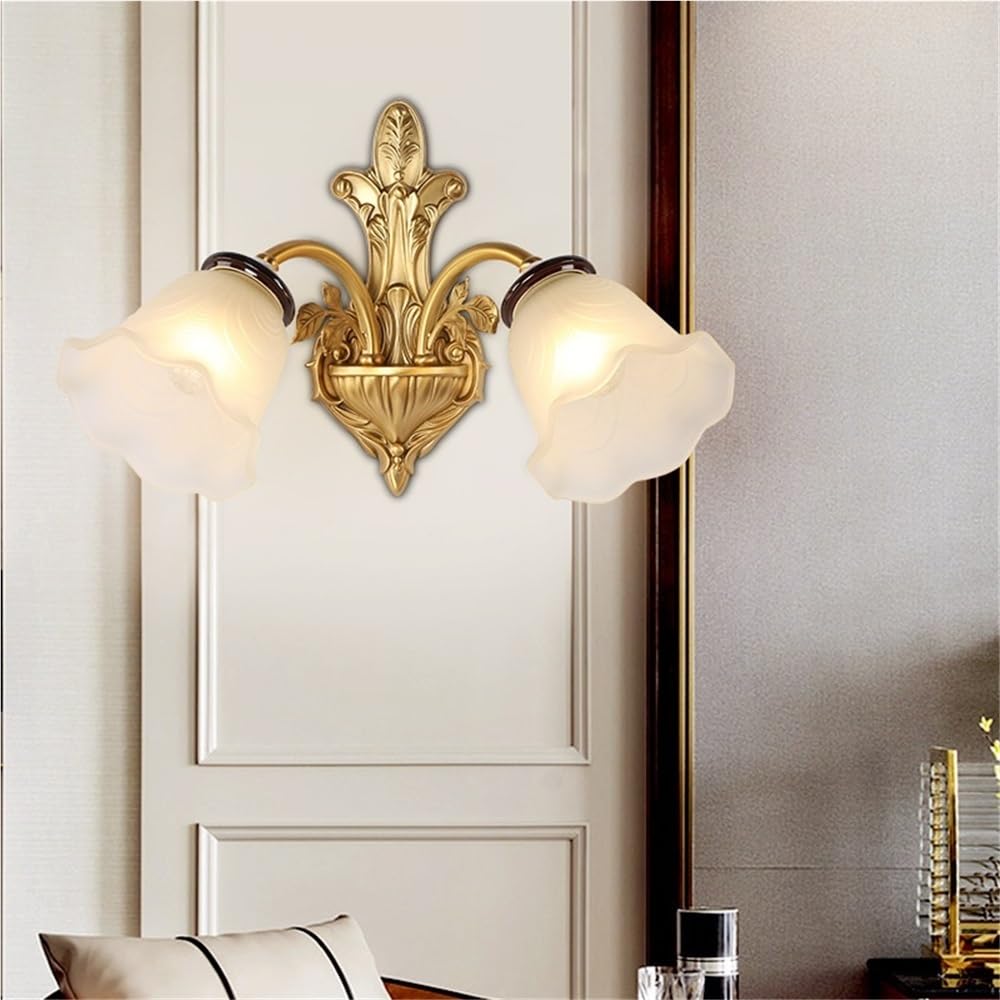 HPTHLY Indoor Wall Lights Fixtures Floral Wall Sconces Vintage Brass And Glass Bedside Light For Bedroom Hallway Staircase Wall Lamps Night Light With Crysta(2Light)
