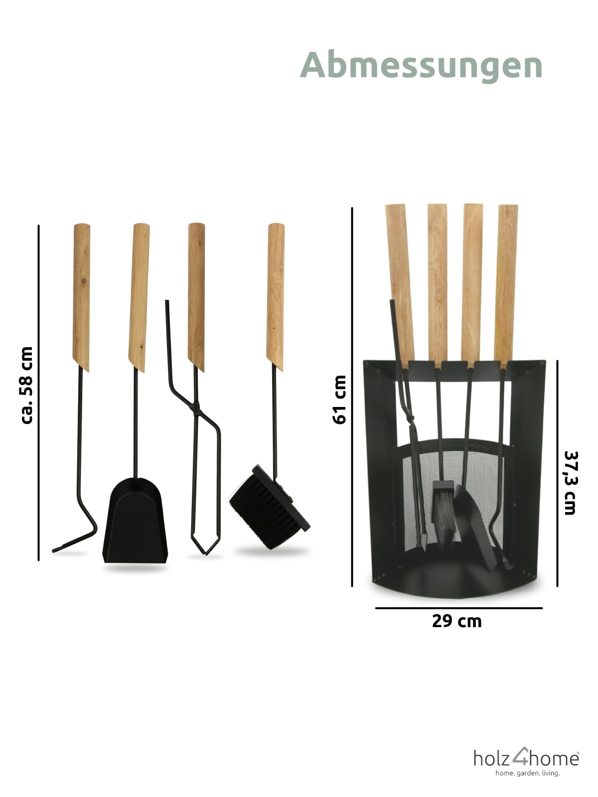 holz4home® Kaminbesteck 6-tlg. Schwarz mit Holzgriff inkl. Ofenhandschuh hitzebeständig I Kaminset Kamingarnitur Ofenbesteck Schürhaken Besen Ascheschaufel