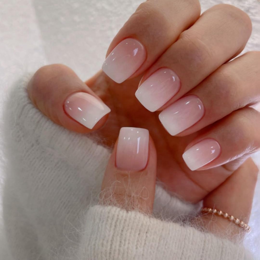 Ombre Pink Press on Nails Short Square, Short Fake Nails Glue on Short Square Nails