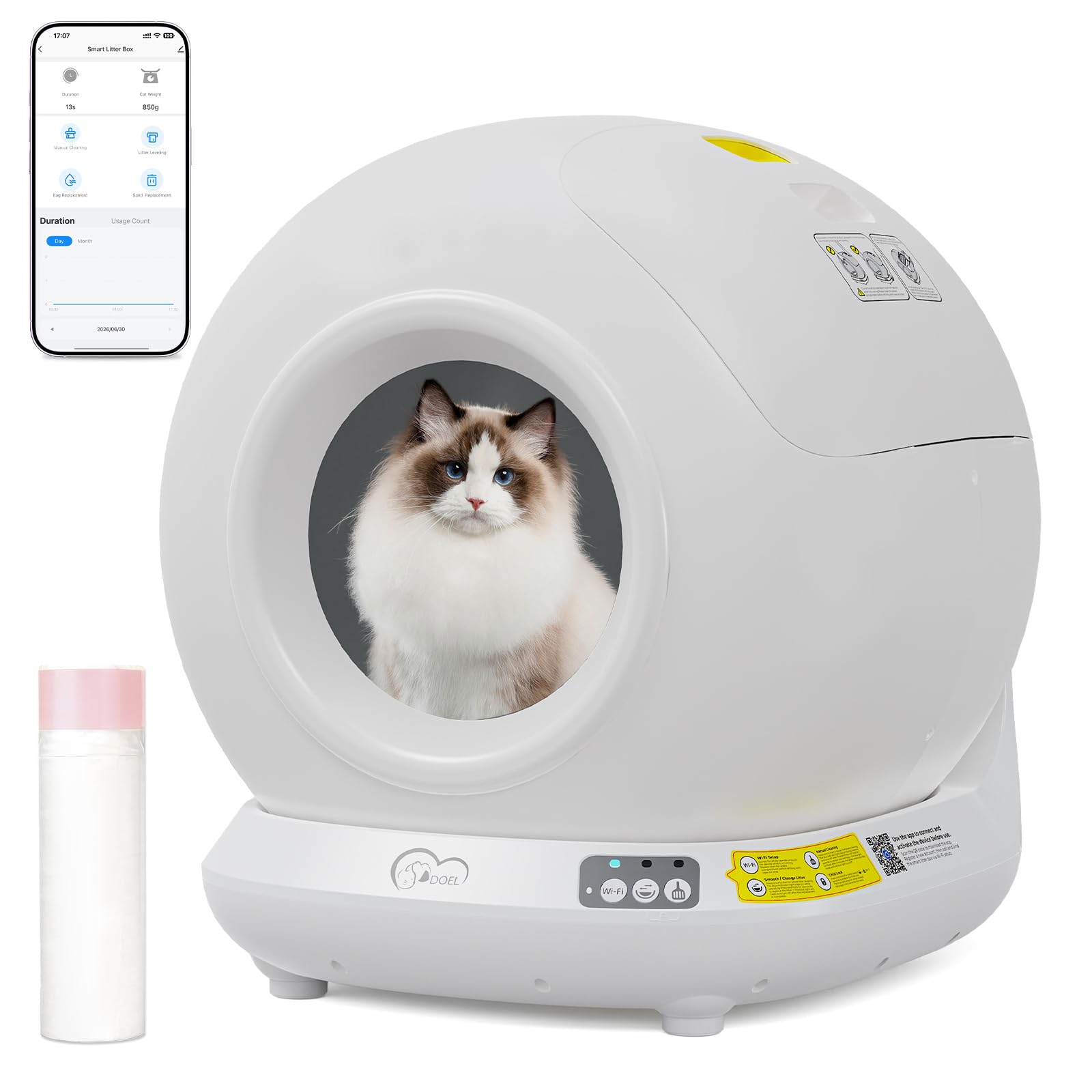 DOEL Lettiera intelligente All-in-One per la pulizia automatica | 78 l, grande capacità, bidone della spazzatura indipendente, controllo tramite app, basso rumore, adatto per famiglie con più