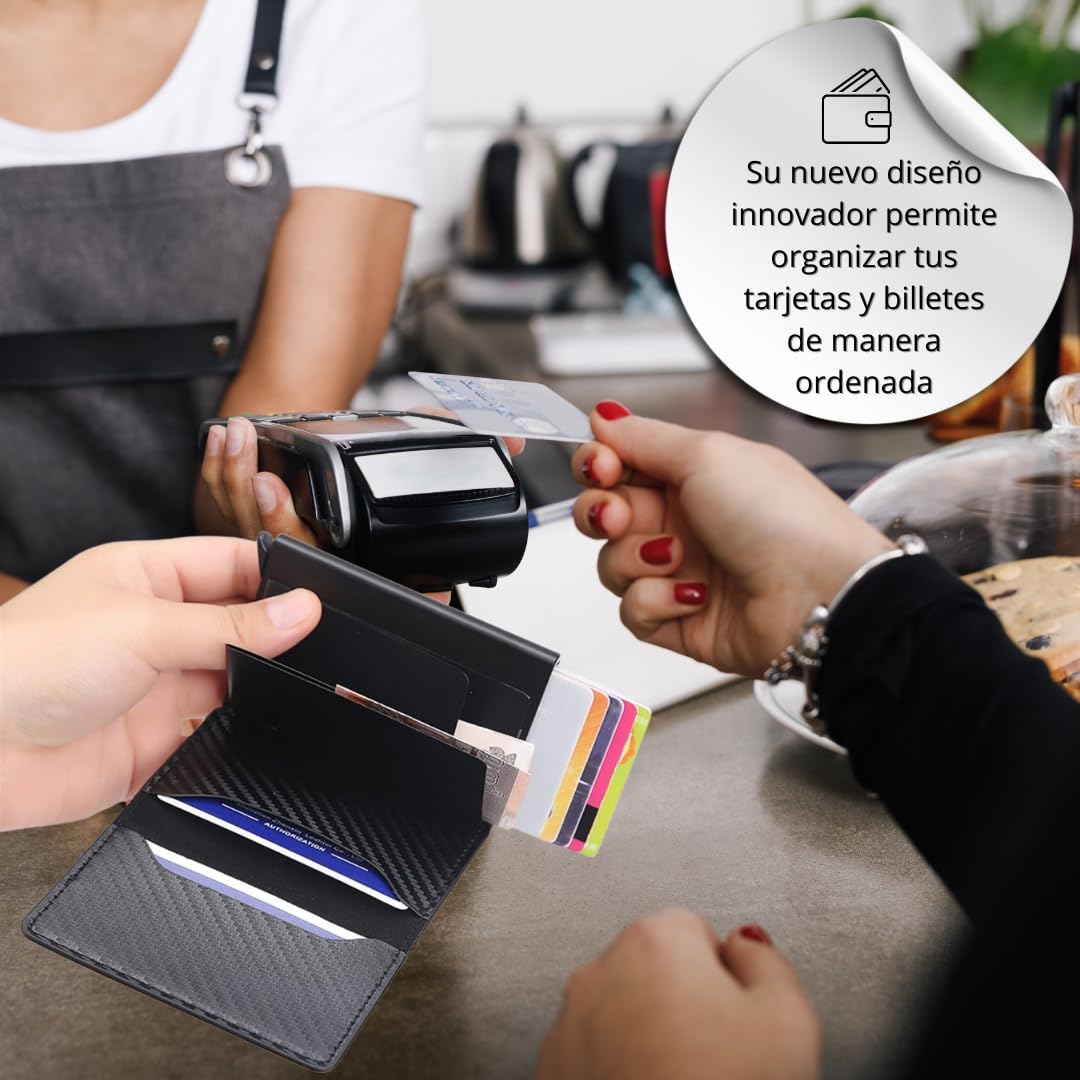 Cartera Hombre Pequeña con Tarjetero Automático Interior Aluminio Protección RFID Capacidad 6 Tarjetas Billetes Documentación Cuero Diseño Compacto Antirrobo