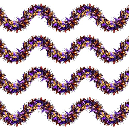 4 Strings Total 26.4 FT Halloween Tinsel Garlands – Each 6.6 FT Black Orange Purple Metallic Fringe Garland for Halloween Parties, Haunted Houses, and Spooky Decorations
