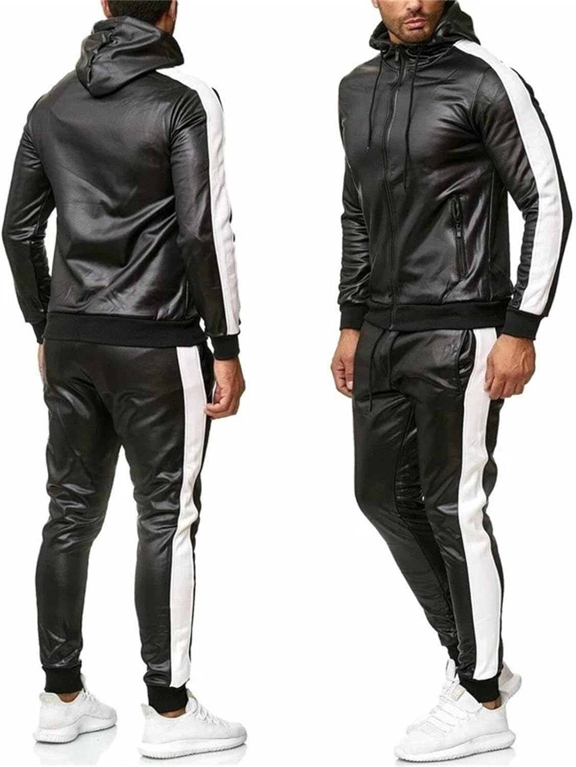 Men's PU Leather Hoodies Set 2 Piece Casual Sweatsuit Hooded Jacket and Pants Jogging Suit Tracksuits Sweat Suits