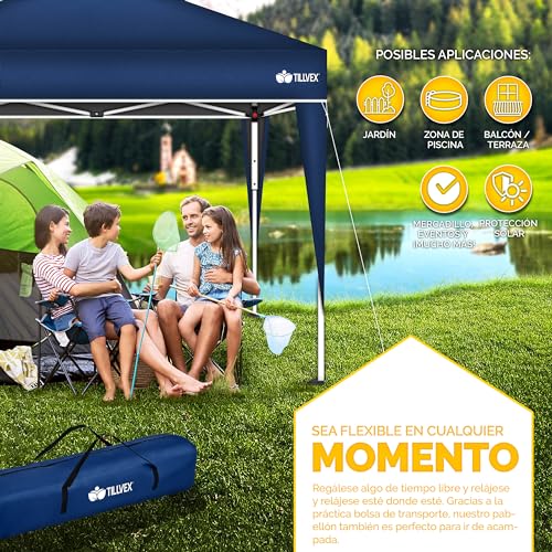 Miniatura 7 de Tillvex Gazebo Plegable Cenador 3x3m Impermeable Pabellon De Jardin Pop-Up Regulable En Altura Carpa De Jardín Protección Uv 50 Cenador De Fiesta Con Bolsa Azul