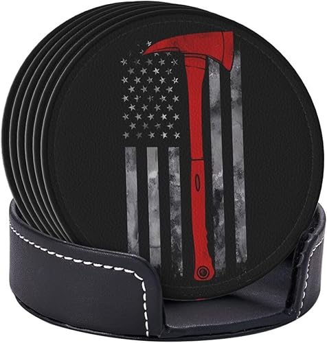 Miniatura 6 de Drink Coasters Set of 6, Firefighter Axe Red Line Flag Printed PU Leather Round Coaster with Holder for Outdoor, Office, Bar, Funny Heat-Resistant
