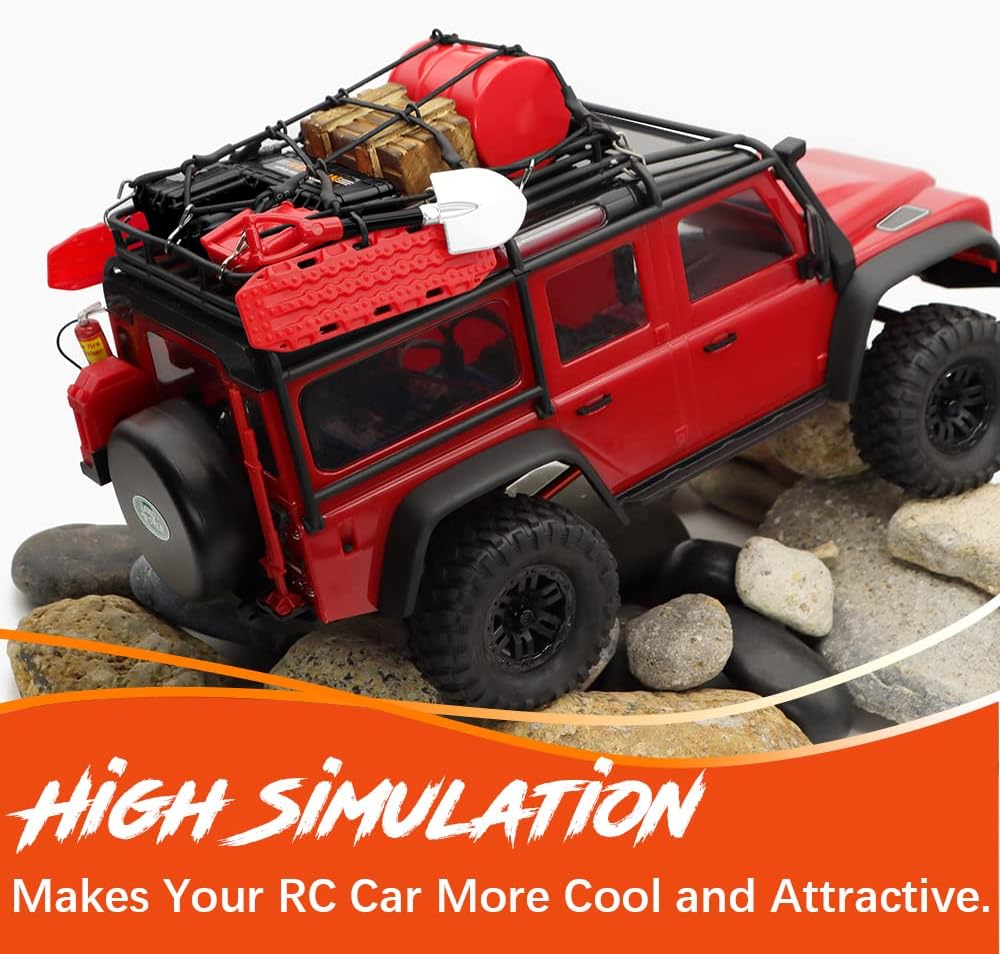 GLOBACT 1/24 1/18 RC Crawler Accessories Car Roof Decoration Luggage Net, Recovery Board, Fire Extinguisher, Toolbox, Wood Box, Shovel for 1/18 TRX4M 1/24 Axial SCX24 Upgrade (12Pcs Black Red)