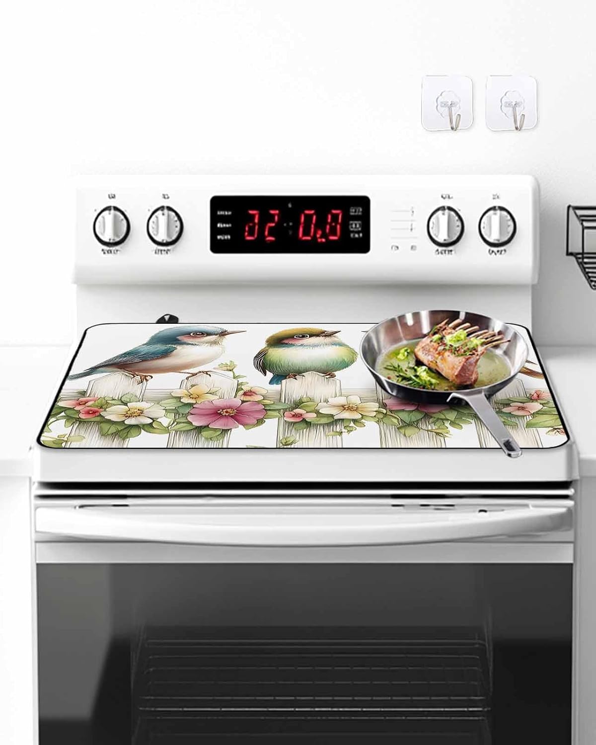 Stove Cover for Electric Stove 36x21 Inch Watercolors Bird Flowers Stove Top Cover Fence Plant Glass Cooktop Covers Anti-Slip & Heat Resistant Countertop Protector Home Kitchen Decor